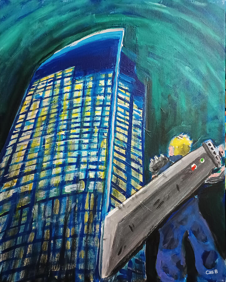FFVII: RVA, Cloud vs Dominion Energy, 16"x20" acrylics on canvas FFVII: RVA, Cloud vs Dominion Energy, 16"x20" acrylics on canvas