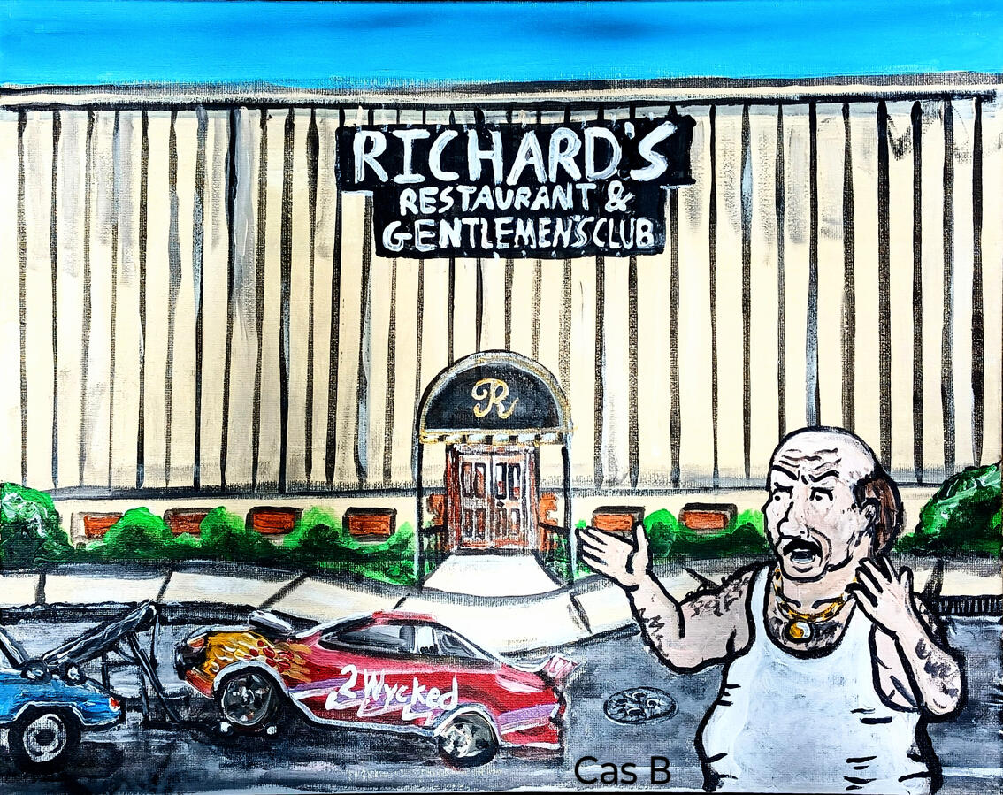 Carl gets towed at Richards, 20"x16" acrylics on canvas Carl gets towed at Richards, 20"x16" acrylics on canvas
