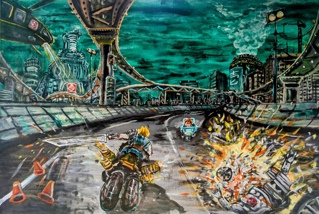 Midgar Expressway, 3 by 2 feet, acrylics on canvas Midgar Expressway, 3 by 2 feet, acrylics on canvas